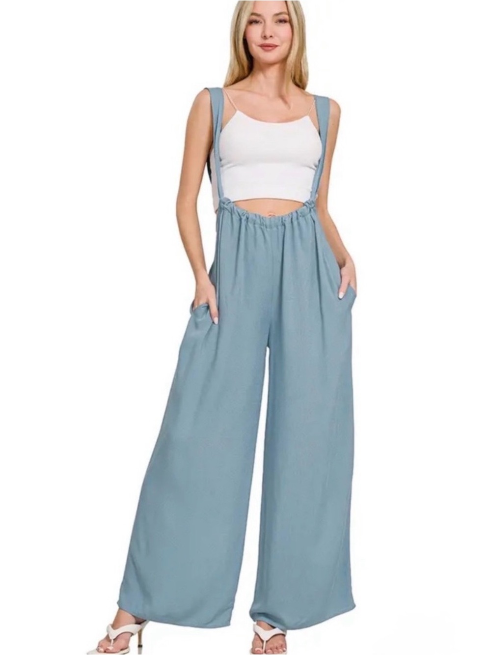 Zenana Outfitters Dusty Blue Wide-Leg Suspender Jumpsuit